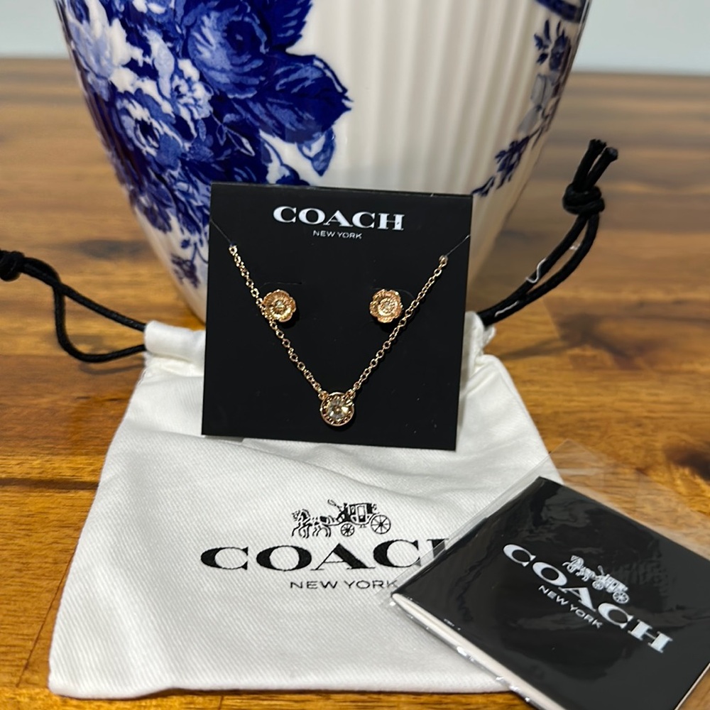 Coach Open Circle Necklace & Tea Rose Stud Earring set